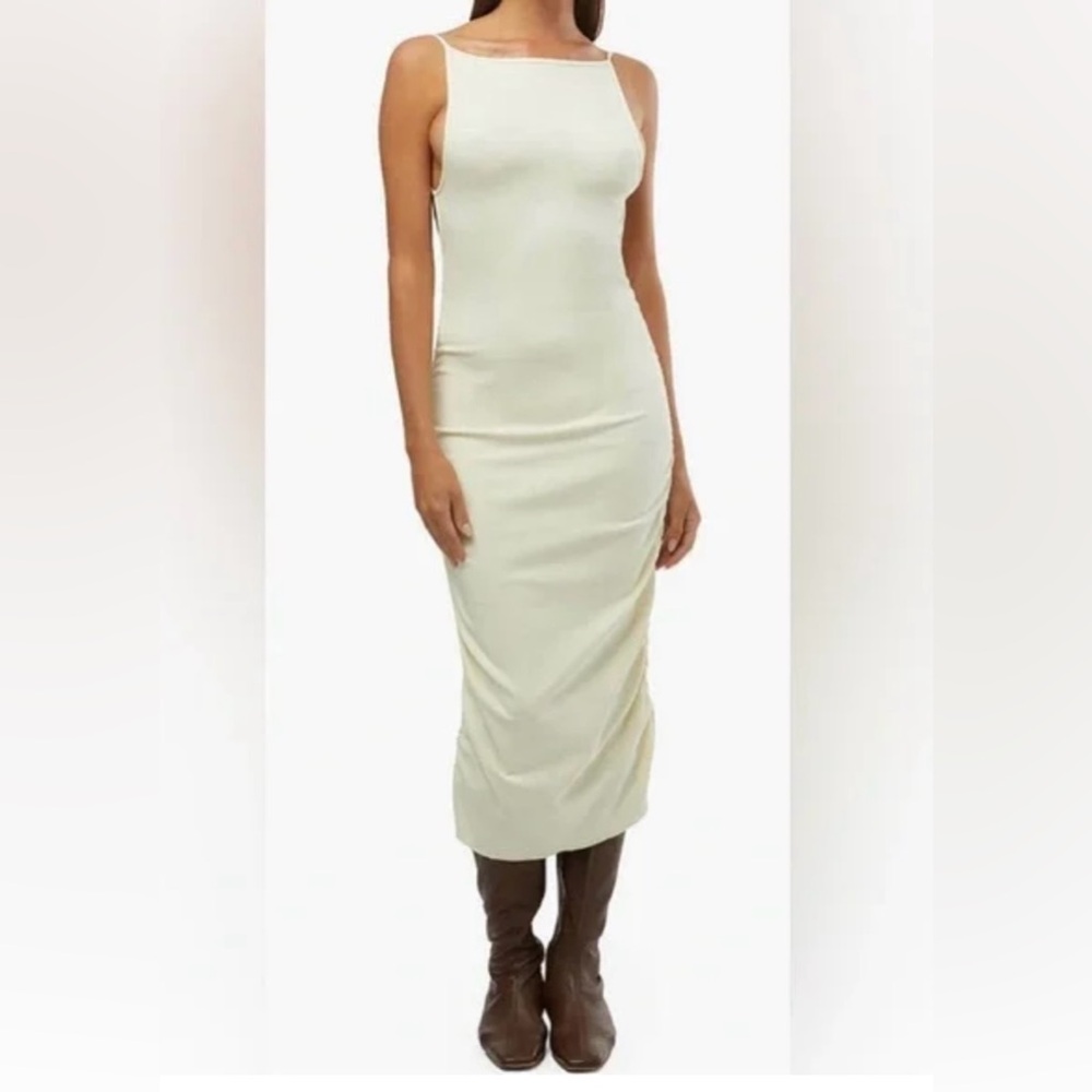 WeWoreWhat x Revolve Ruched High Neck Body-con Midi Dress in Ecru Size Large
